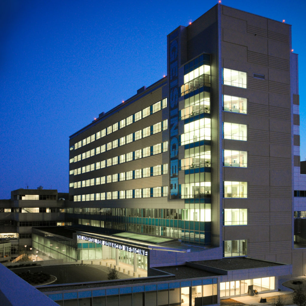 exterior of Geisinger Hospital of Advanced Medicine at night