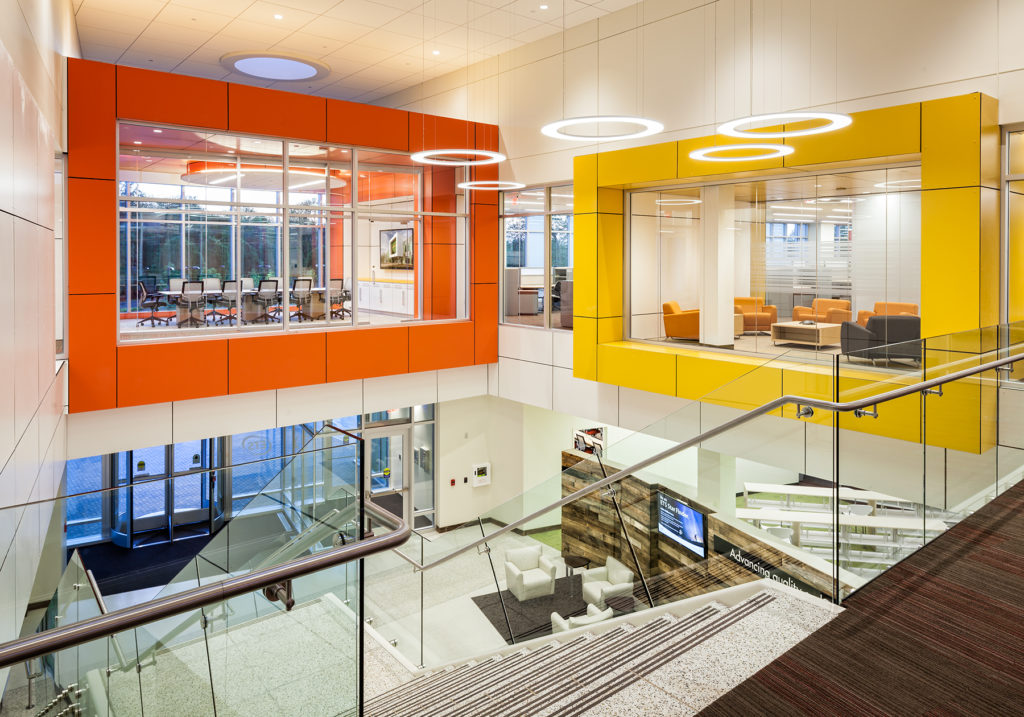 glass meeting areas and stairway in landgraf hall