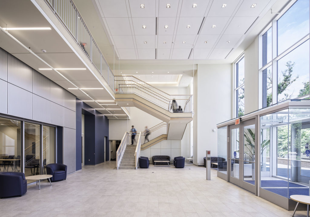 expansive formal entrance and lobby, with a seminar room, labs and office suites for faculty