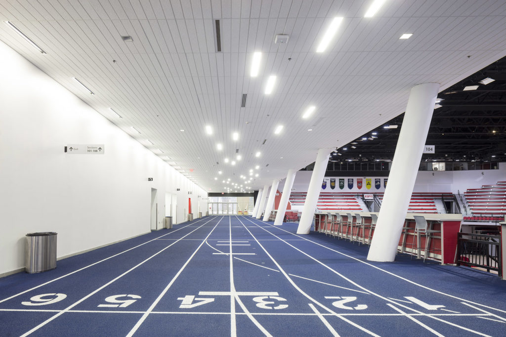 A running track that encircles the concourse of the first-floor arena