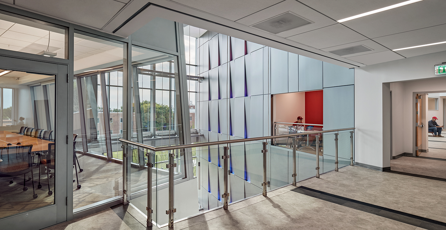 hallways with large windows and classrooms at Richard Weeks Hall of Engineering