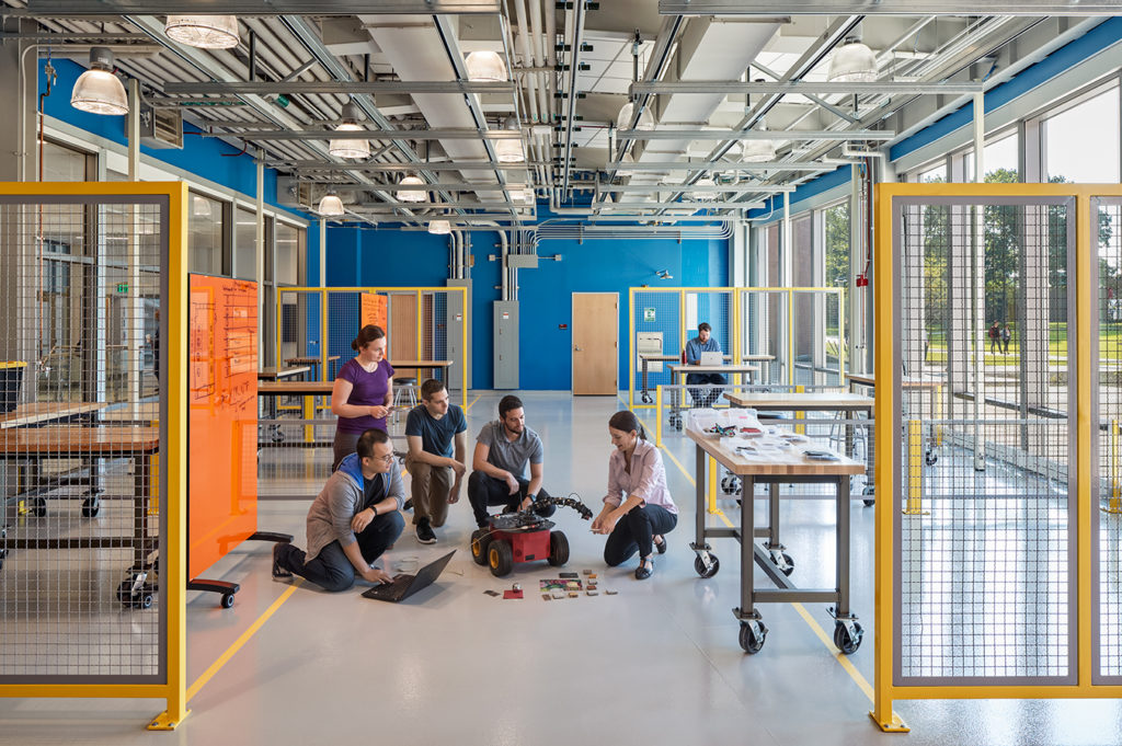 robotics lab with floor to ceiling windows at Richard Weeks Hall of Engineering