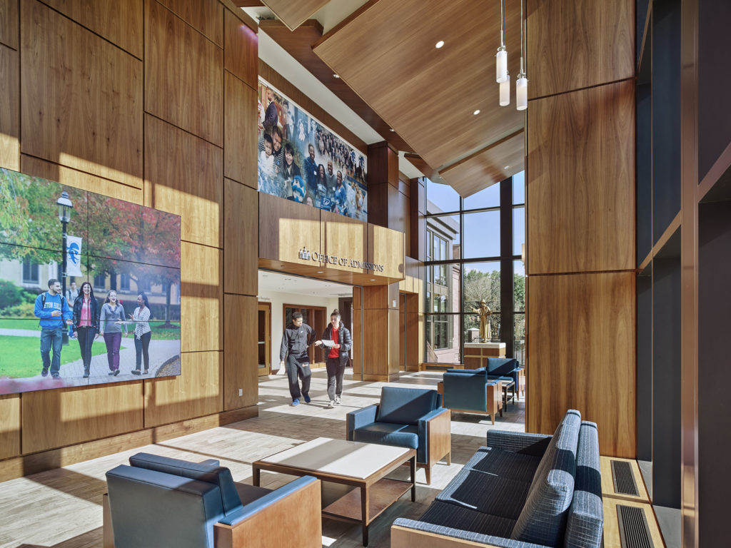 lobby and gallery space at the seton hall university welcome center