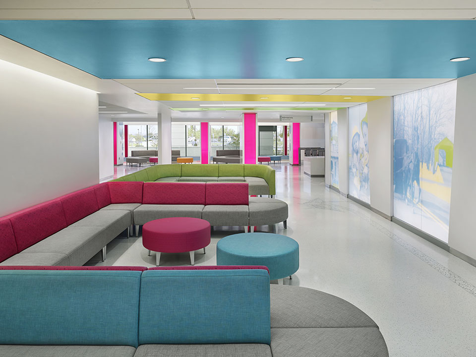 brightly colored couches in waiting room at Pediatric hospital