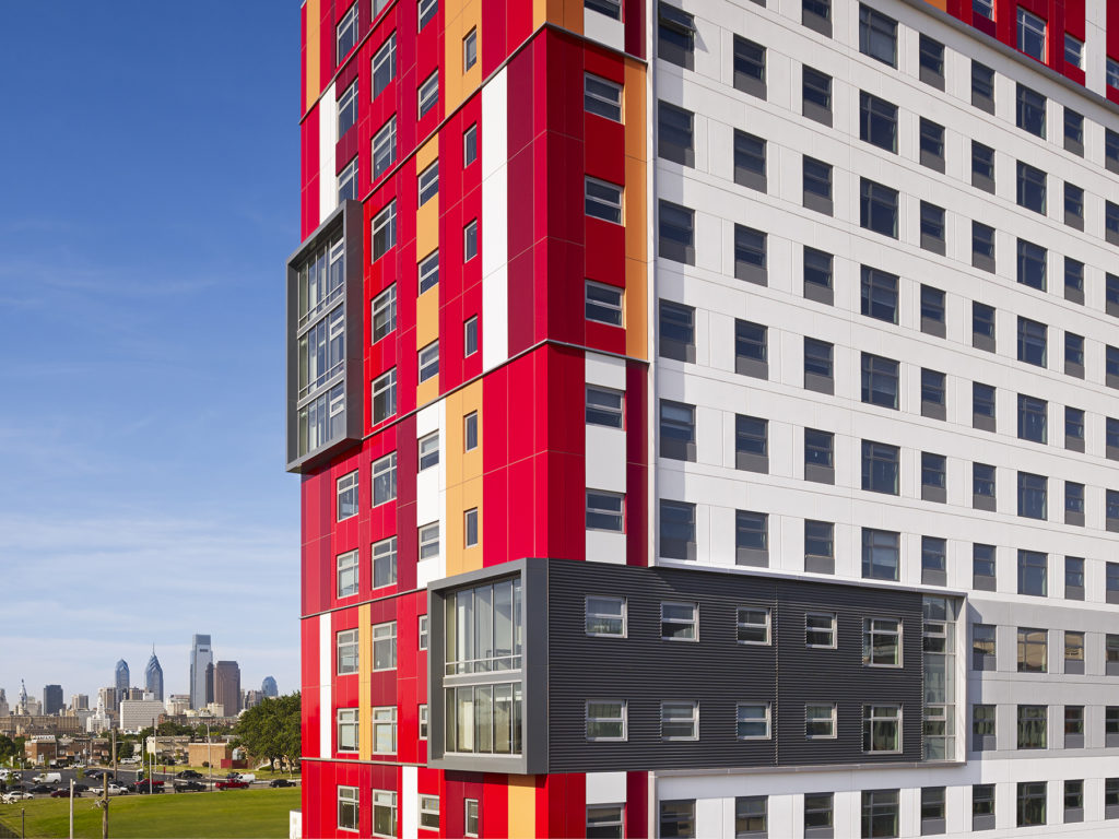 exterior of the view at montgomery student housing at temple
