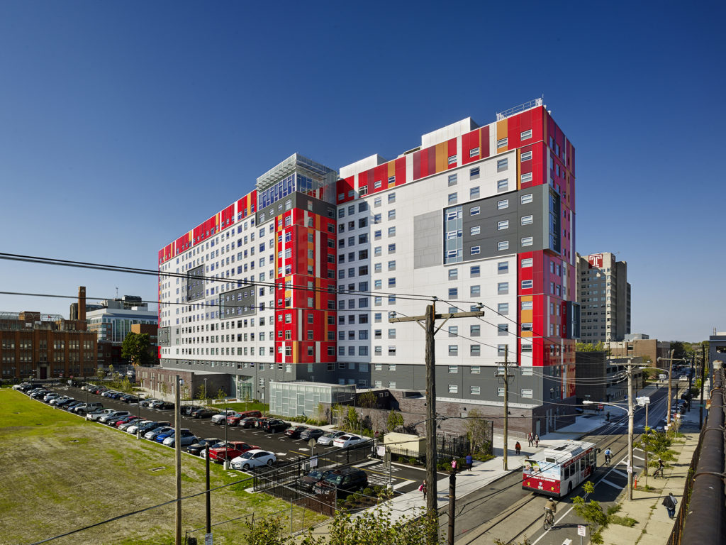 exterior of the view at montgomery student housing at temple