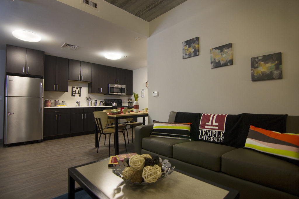 kitchen & living room in the dorms at the View at Montgomery at temple university